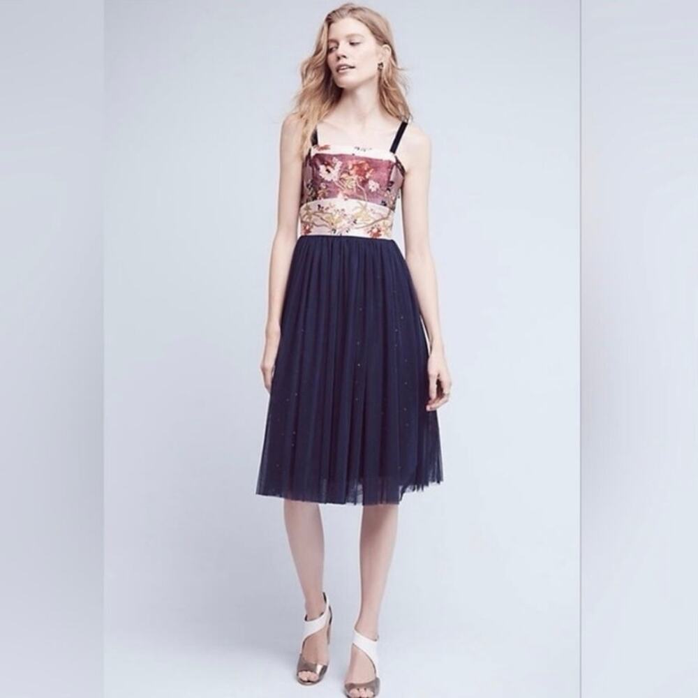 Anthropologie Moulinette Soeurs Tulle-Skirted Floral Dress Brocade Midi 0